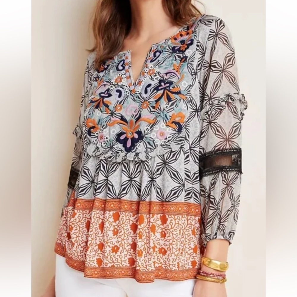 Anthropologie Terri Embroidered Top Ruffles Lace cutouts Colorful Blouse XS